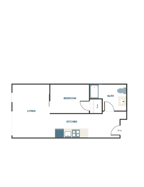 A floor plan of a house with a living room, kitchen, bedroom, and bathroom.